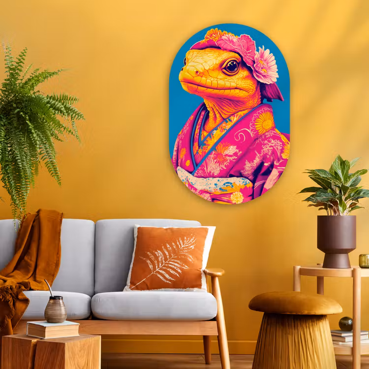 Bloemenkrans - Hagedis - Kimono - Paars Wandcirkel Ovaal Glas middel -sfeer4