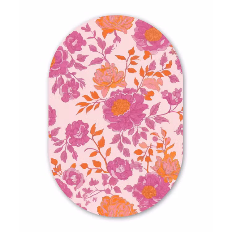 Bloemenpatroon - Roze - Oranje - Bloemen Wandcirkel Ovaal Glas middel -3d