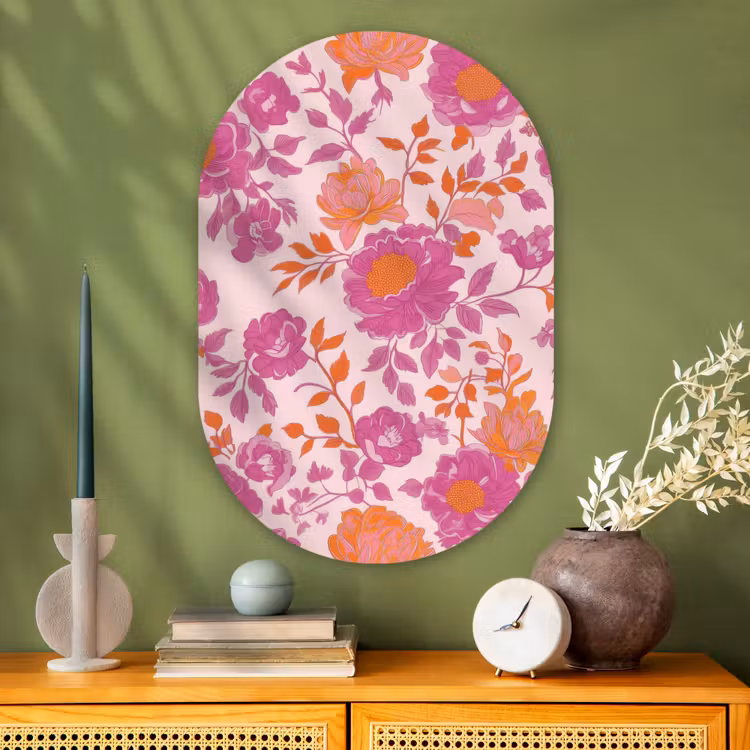 Bloemenpatroon - Roze - Oranje - Bloemen Wandcirkel Ovaal Glas middel -sfeer2