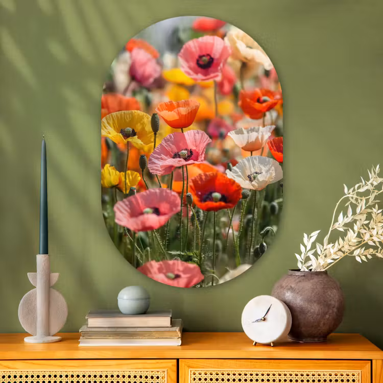 Bloemenveld - Klaprozen - Kleurrijk Wandcirkel Ovaal Glas middel -sfeer2