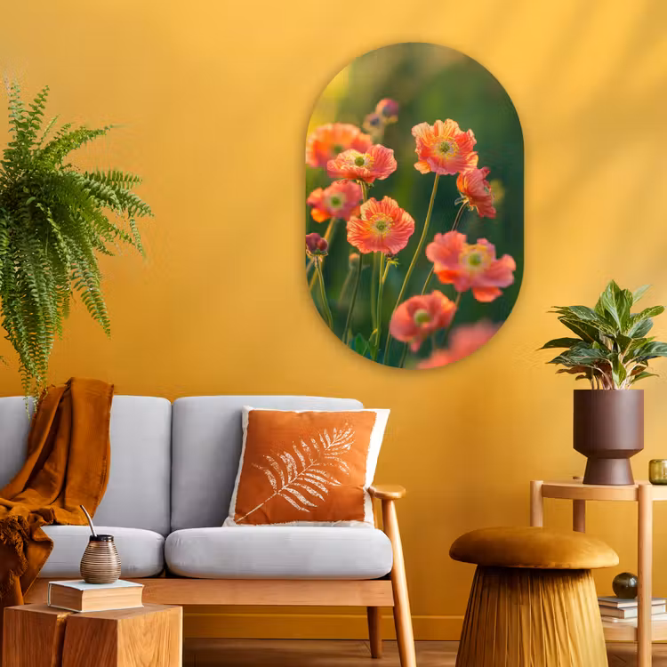 Bloemenveld - Zonnestralen - Oranje Wandcirkel Ovaal Glas middel -sfeer4