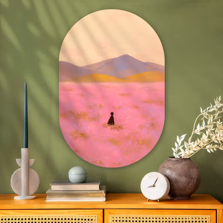 Bloemenweide - Heuvels - Silhouet - Roze Wandcirkel Ovaal Glas middel -sfeer2