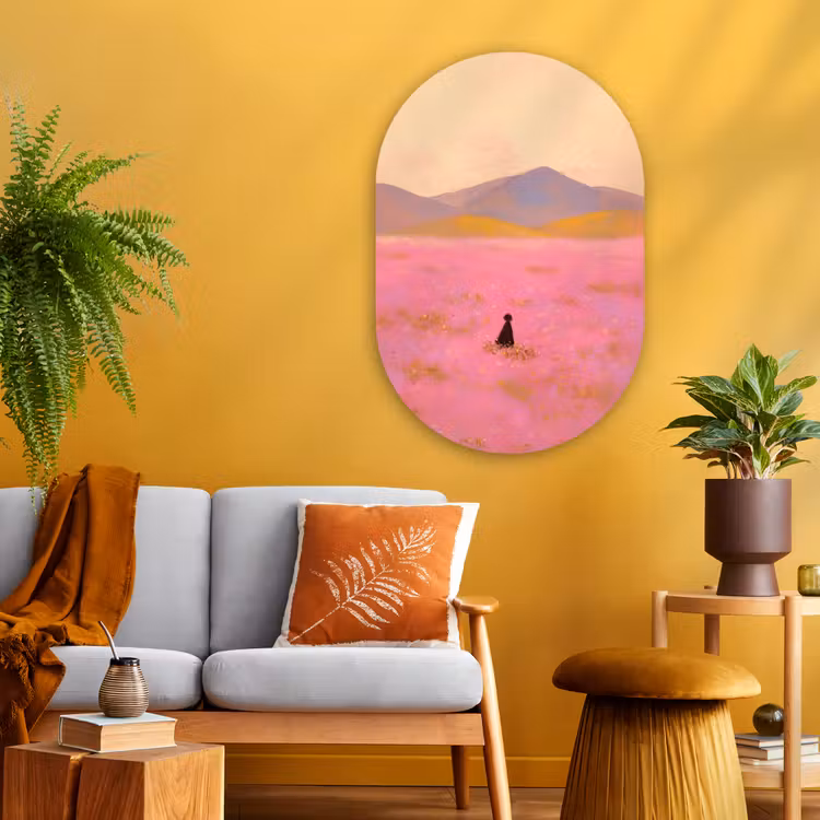 Bloemenweide - Heuvels - Silhouet - Roze Wandcirkel Ovaal Glas middel -sfeer4
