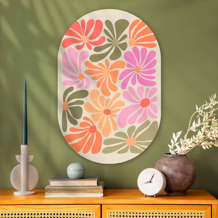 Bloemvormen - Retro - Kleurrijk Wandcirkel Ovaal Glas middel -sfeer2