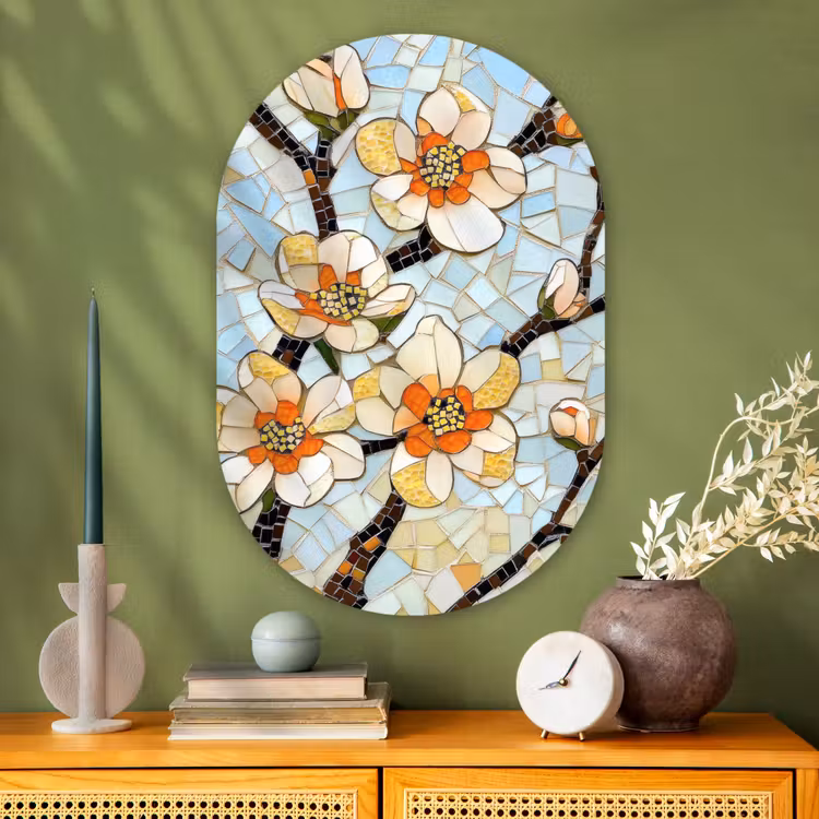 Bloesems - Wit - Mozaïek - Tak Wandcirkel Ovaal Glas middel -sfeer2