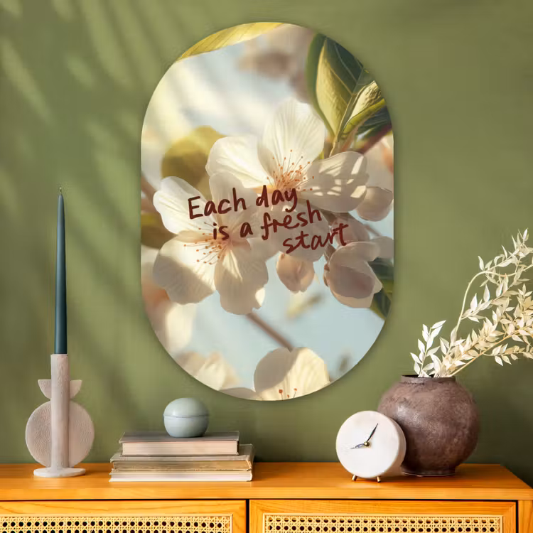 Bloesems - Zonlicht - Quote - Wit Wandcirkel Ovaal Glas middel -sfeer2