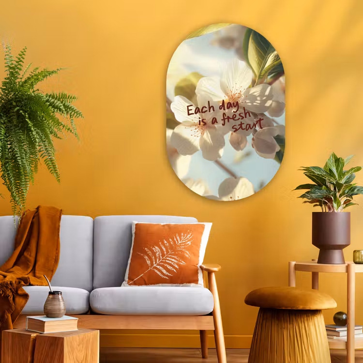Bloesems - Zonlicht - Quote - Wit Wandcirkel Ovaal Glas middel -sfeer4