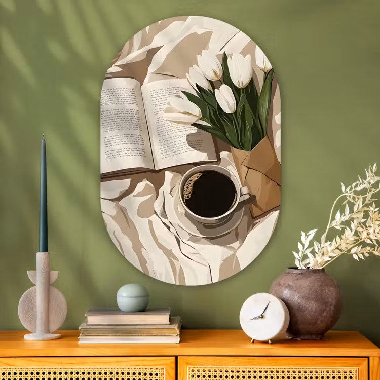Boek - Illustratie - Tulpen - Koffie Wandcirkel Ovaal Glas middel -sfeer2