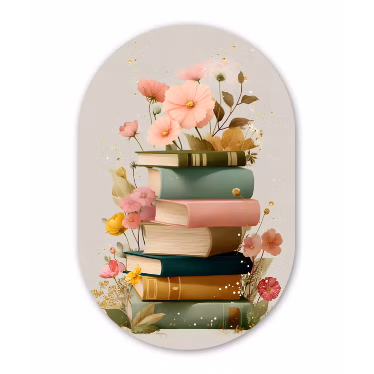 Boeken - Stapel - Bloemen - Kleurrijk Wandcirkel Ovaal Glas middel -3d
