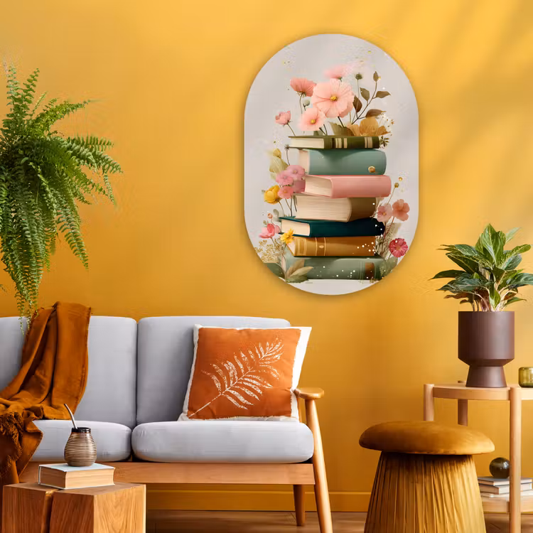 Boeken - Stapel - Bloemen - Kleurrijk Wandcirkel Ovaal Glas middel -sfeer4