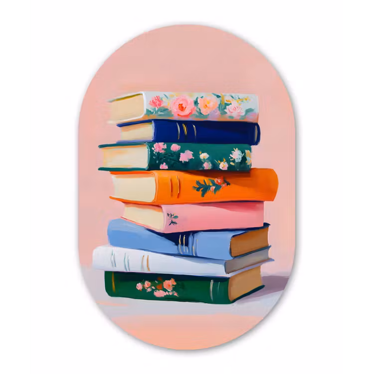 Boeken - Stapel - Kleurrijk Wandcirkel Ovaal Glas middel -3d