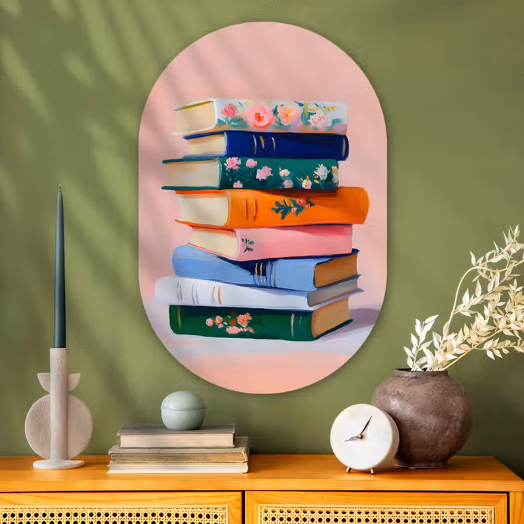 Boeken - Stapel - Kleurrijk Wandcirkel Ovaal Glas middel -sfeer2