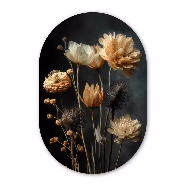 Boeket - Bloemen - Licht - Zwart Wandcirkel Ovaal Glas middel -3d