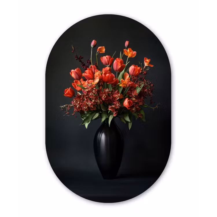 Boeket - Tulpen - Vaas - Rood Wandcirkel Ovaal Glas middel -3d