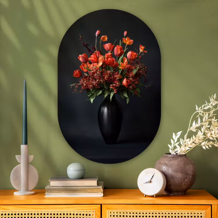 Boeket - Tulpen - Vaas - Rood Wandcirkel Ovaal Glas middel -sfeer2