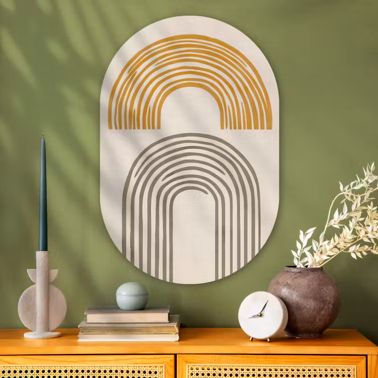 Bogen - Lijnen - Oranje - Minimalistisch Wandcirkel Ovaal Glas middel -sfeer2