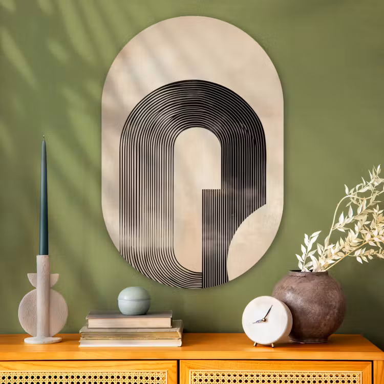 Boog - Strepen - Minimalistisch - Zwart Wandcirkel Ovaal Glas middel -sfeer2