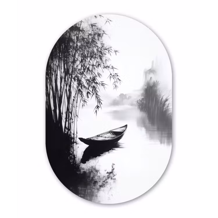 Boot - Rivier - Bamboe - Wit Wandcirkel Ovaal Glas middel -3d