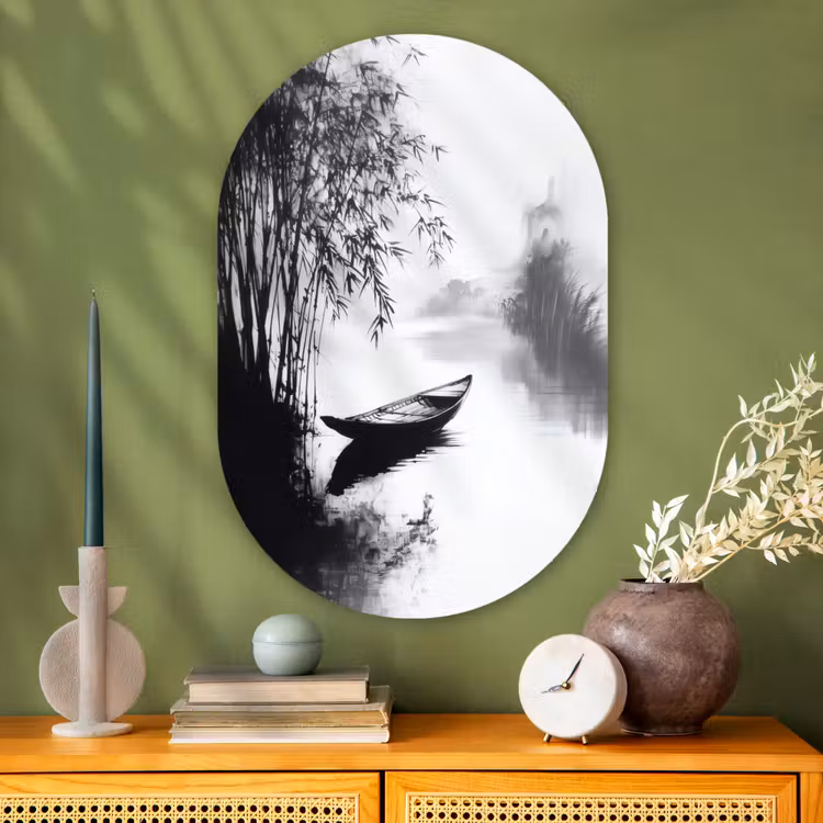 Boot - Rivier - Bamboe - Wit Wandcirkel Ovaal Glas middel -sfeer2