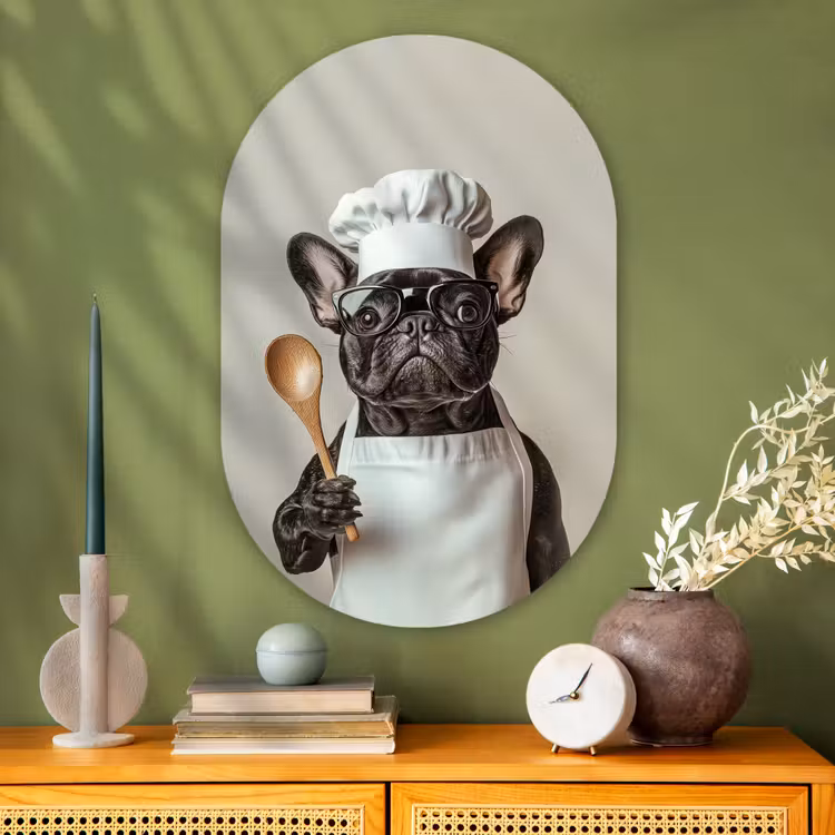 Bril - Hond - Kok Wandcirkel Ovaal Glas middel -sfeer2