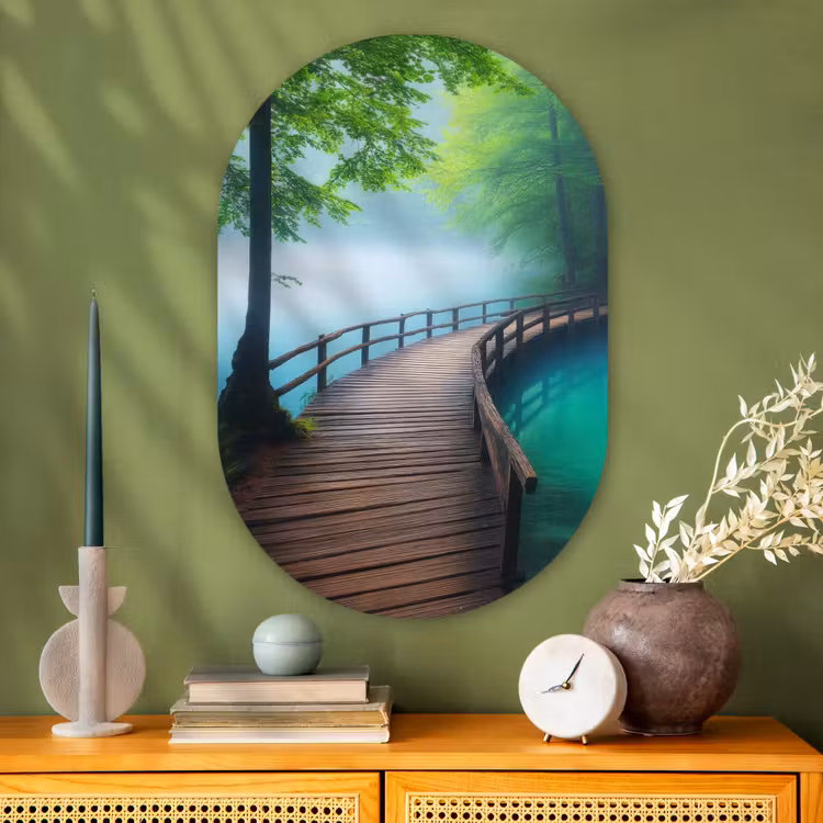 Brug - Water - Rivier - Bos Wandcirkel Ovaal Glas middel -sfeer2