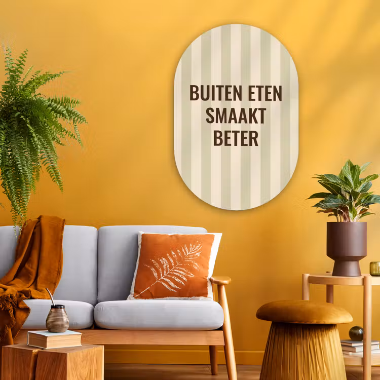Buiten - Quote - Strepen - Zomer Wandcirkel Ovaal Glas middel -sfeer4