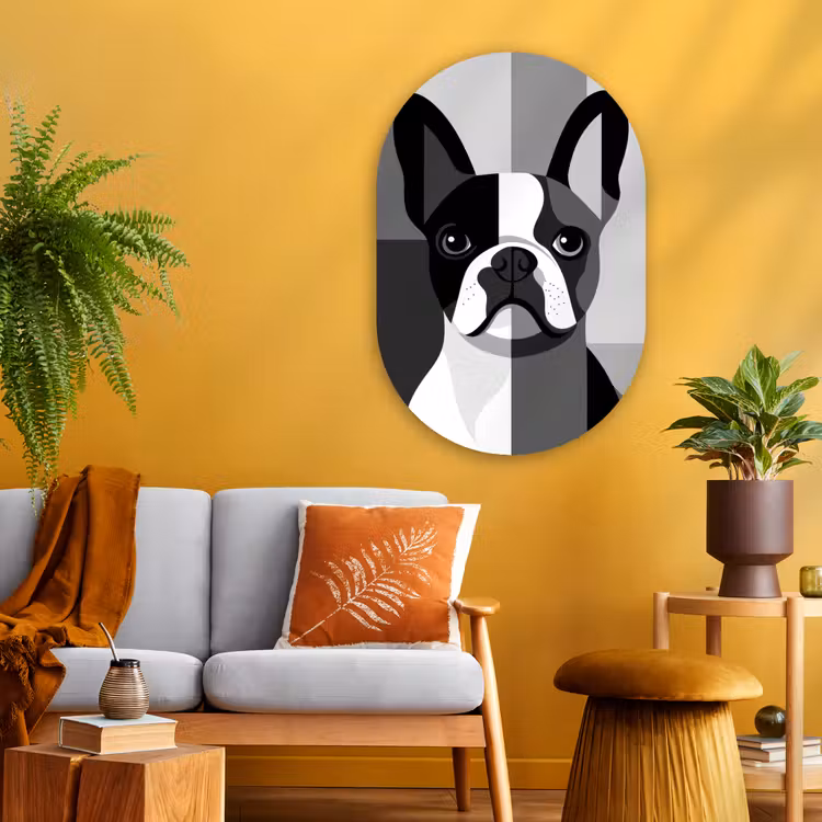 Buldog - Zwart - Abstract - Vlakken Wandcirkel Ovaal Glas middel -sfeer4