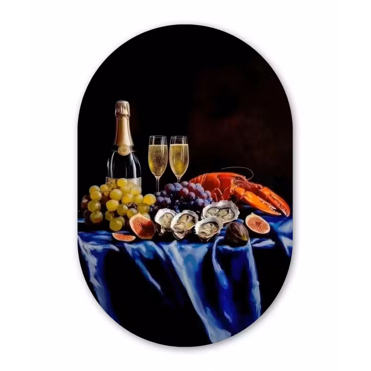 Champagne - Luxe - Oesters Wandcirkel Ovaal Glas middel -3d