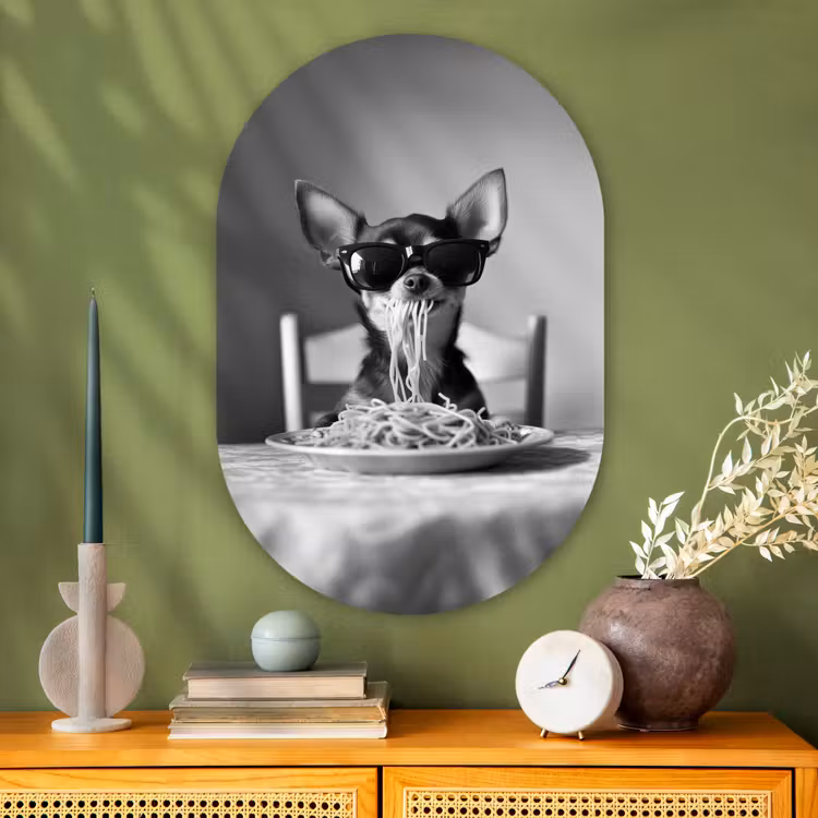 Chihuahua - Hond - Zonnebril - Humoristisch - Zwart - Wit - Spaghetti Wandcirkel Ovaal Glas middel -sfeer2