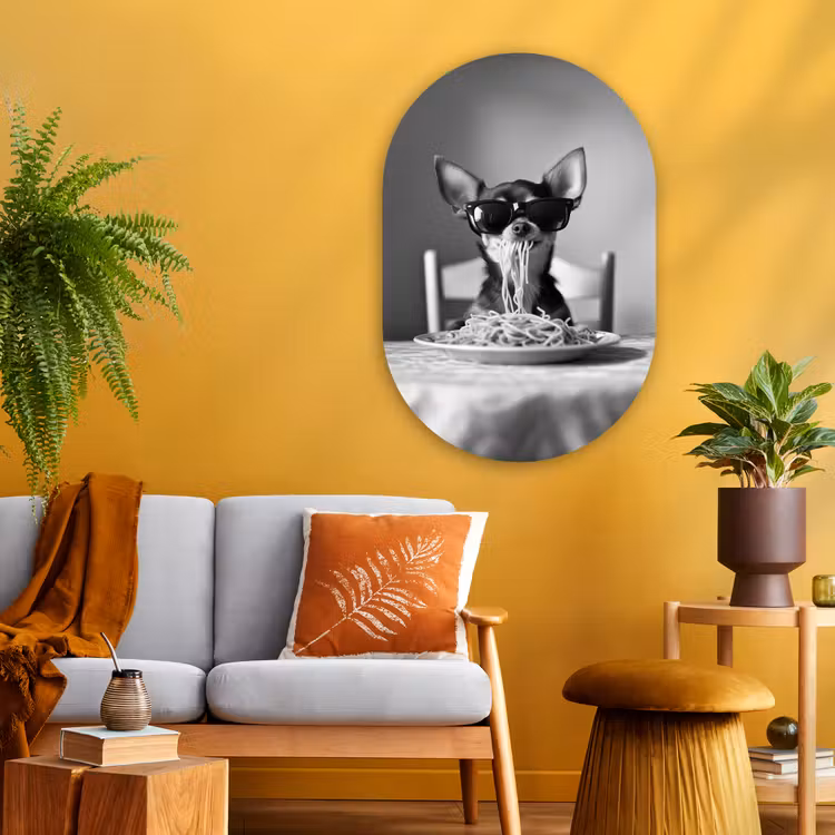 Chihuahua - Hond - Zonnebril - Humoristisch - Zwart - Wit - Spaghetti Wandcirkel Ovaal Glas middel -sfeer4