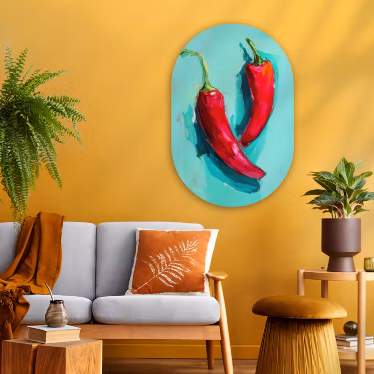 Chilipepers - Geverfd - Rood Wandcirkel Ovaal Glas middel -sfeer4