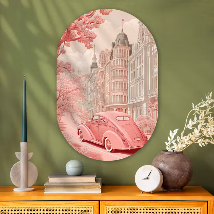 City - Car - Pink Wandcirkel Ovaal Glas middel -sfeer2
