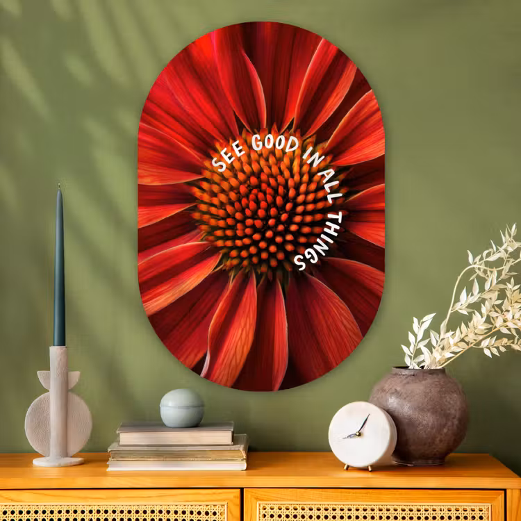Close up - Bloem - Quote - Rood Wandcirkel Ovaal Glas middel -sfeer2