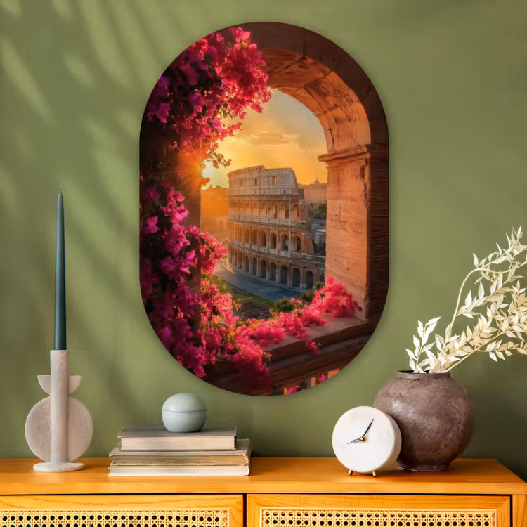 Colosseum - Rome - Roze Bloemen Wandcirkel Ovaal Glas middel -sfeer2