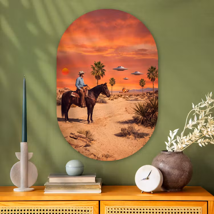 Muurovaal glas - Cowboy - Paard - Woestijn - Cowboy - Paard - Woestijn Wandcirkel Ovaal Glas middel