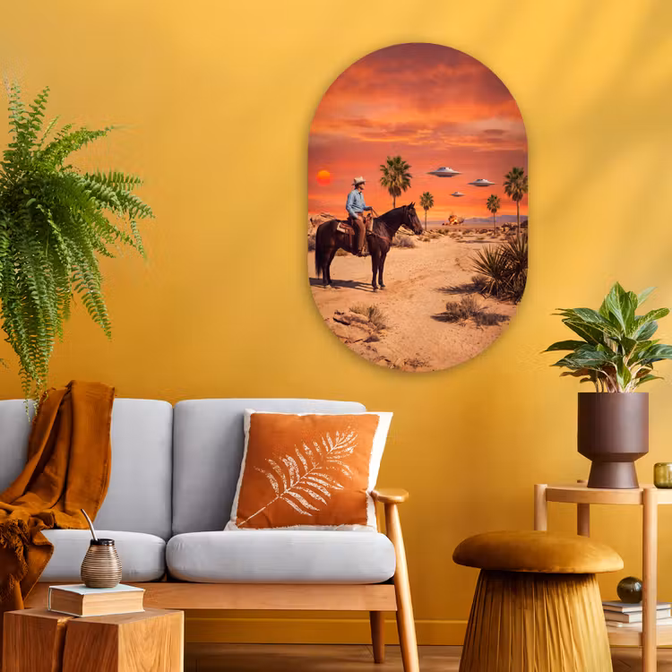 Muurovaal glas - Cowboy - Paard - Woestijn - Cowboy - Paard - Woestijn Wandcirkel Ovaal Glas middel