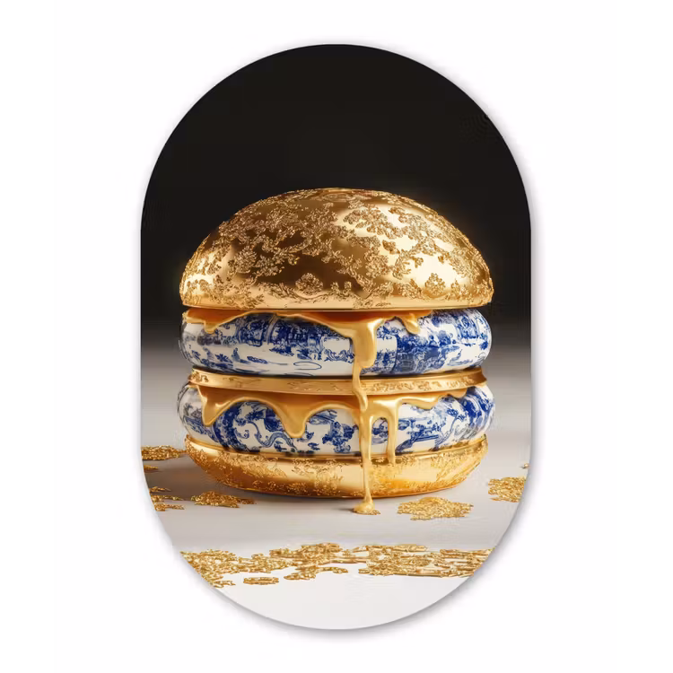 Delftsblauw - Goud - Burger Wandcirkel Ovaal Glas middel -3d