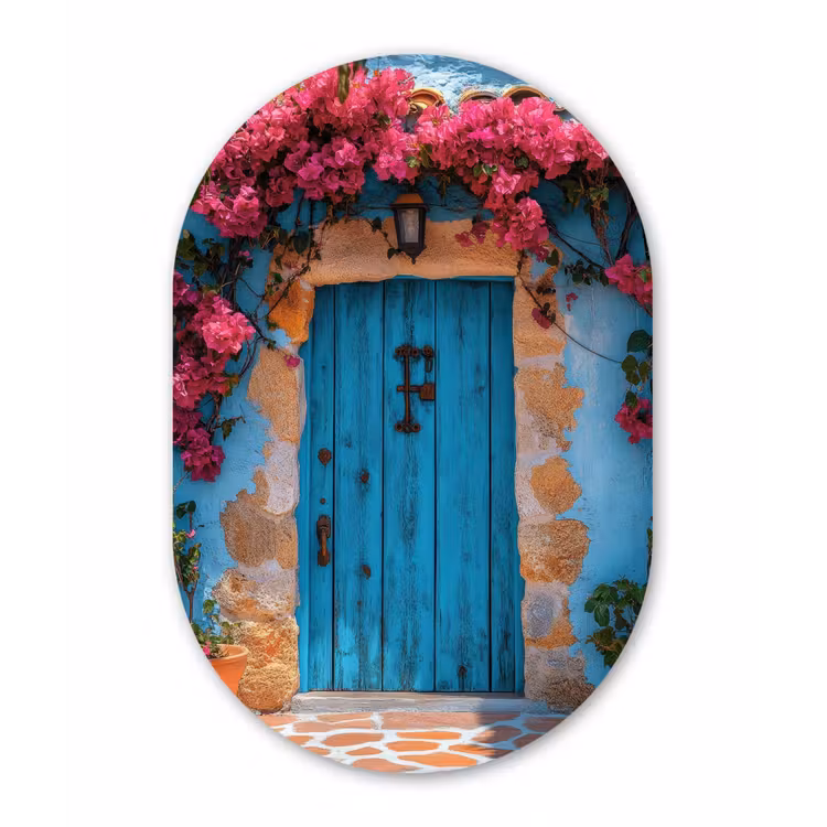 Deur - Hout - Bloemen - Blauw Wandcirkel Ovaal Glas middel -3d