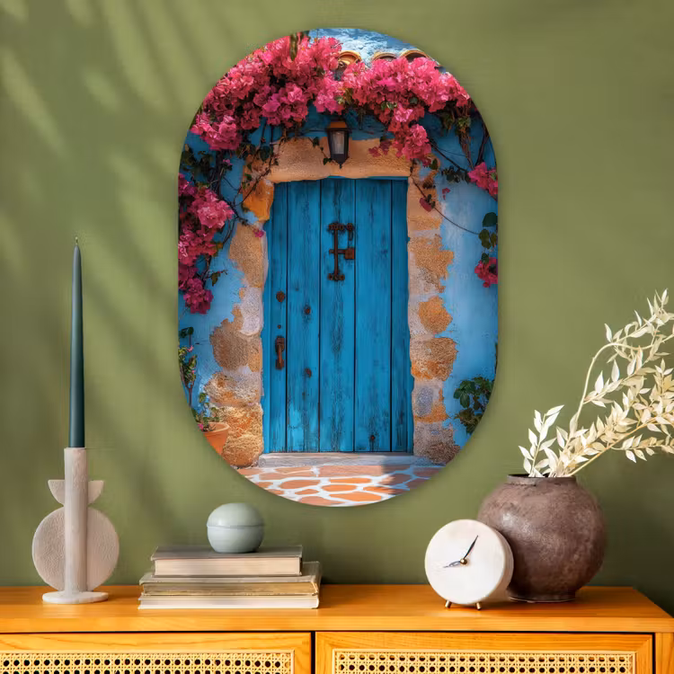 Deur - Hout - Bloemen - Blauw Wandcirkel Ovaal Glas middel -sfeer2
