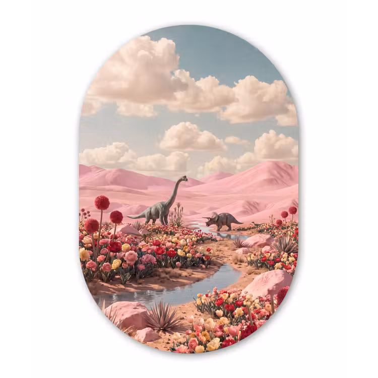 Muurovaal glas - Dinosaurus - Roze - Landschap - Dinosaurus - Roze - Landschap Wandcirkel Ovaal Glas middel