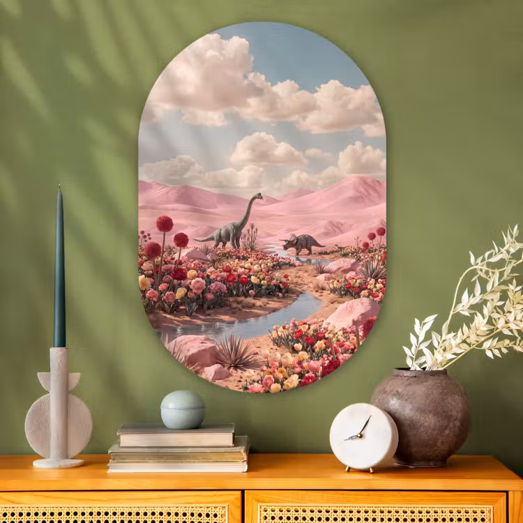 Muurovaal glas - Dinosaurus - Roze - Landschap - Dinosaurus - Roze - Landschap Wandcirkel Ovaal Glas middel