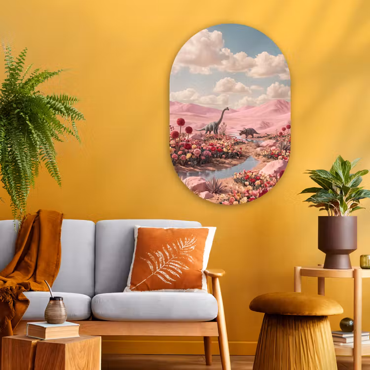 Muurovaal glas - Dinosaurus - Roze - Landschap - Dinosaurus - Roze - Landschap Wandcirkel Ovaal Glas middel