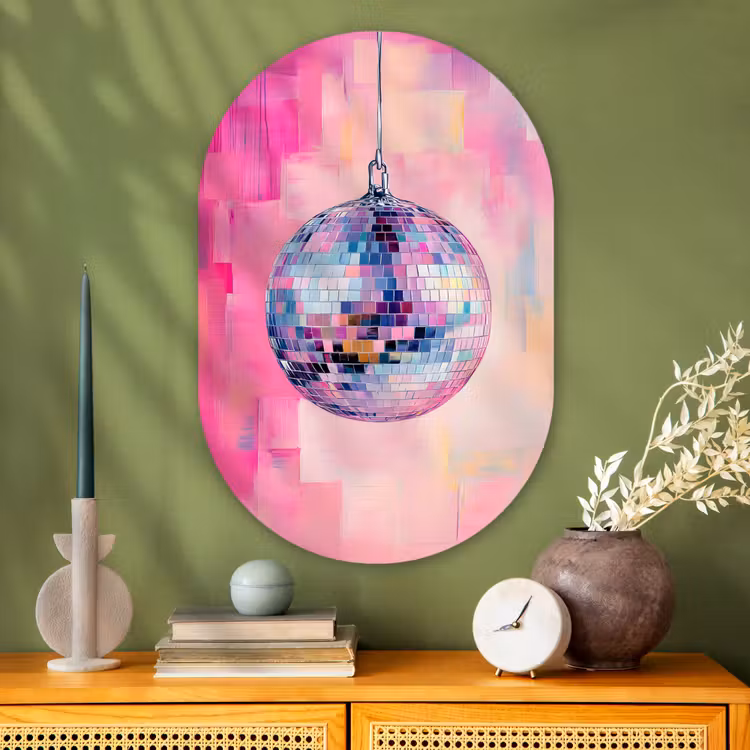 Discobal - Pink - Verf Wandcirkel Ovaal Glas middel -sfeer2