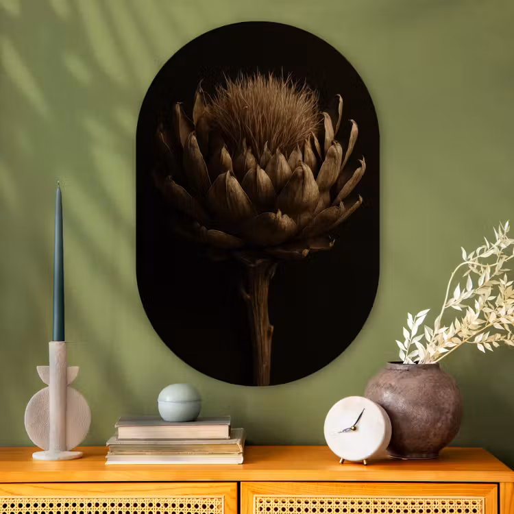 Donkerbruin - Bloem - Textuur - Artisjok Wandcirkel Ovaal Glas middel -sfeer2