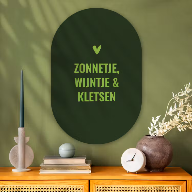 Donkergroen - Quote - Zon - Zomer Wandcirkel Ovaal Glas middel -sfeer2