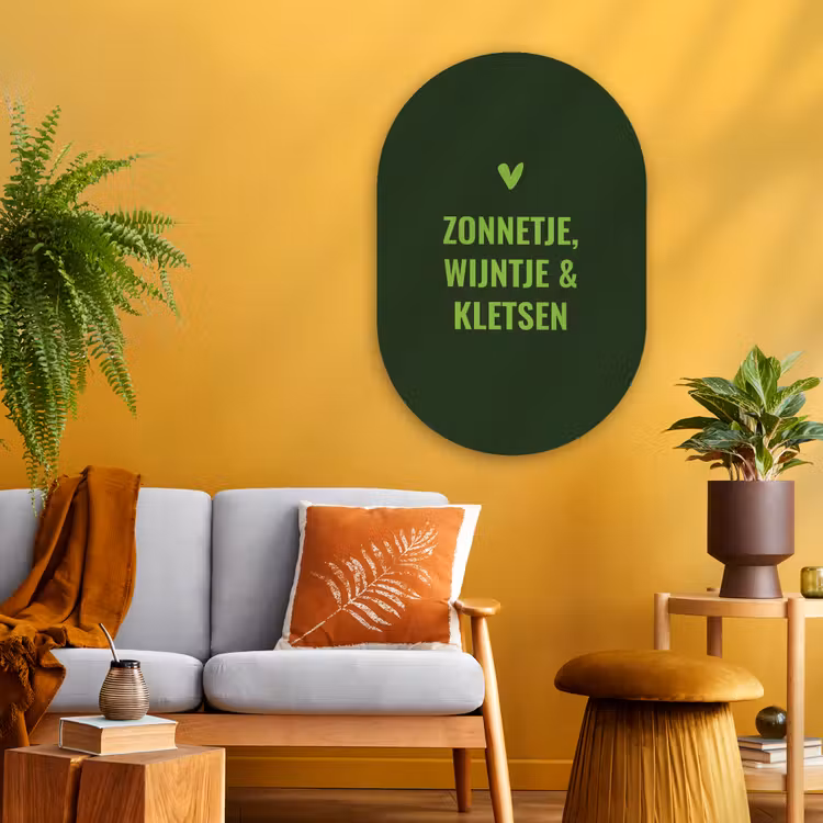 Donkergroen - Quote - Zon - Zomer Wandcirkel Ovaal Glas middel -sfeer4