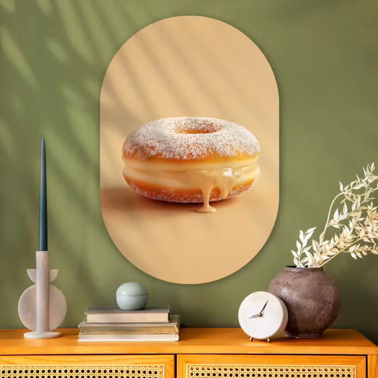 Donut - Romig - Poedersuiker - Beige Wandcirkel Ovaal Glas middel -sfeer2