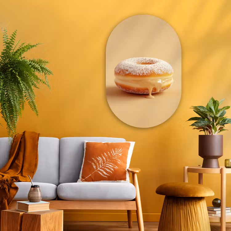 Donut - Romig - Poedersuiker - Beige Wandcirkel Ovaal Glas middel -sfeer4