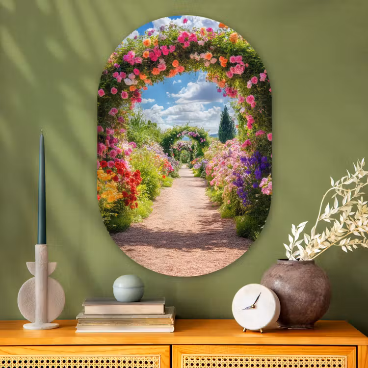 Doorkijk - Bloemen - Kleurrijk - Natuur Wandcirkel Ovaal Glas middel -sfeer2