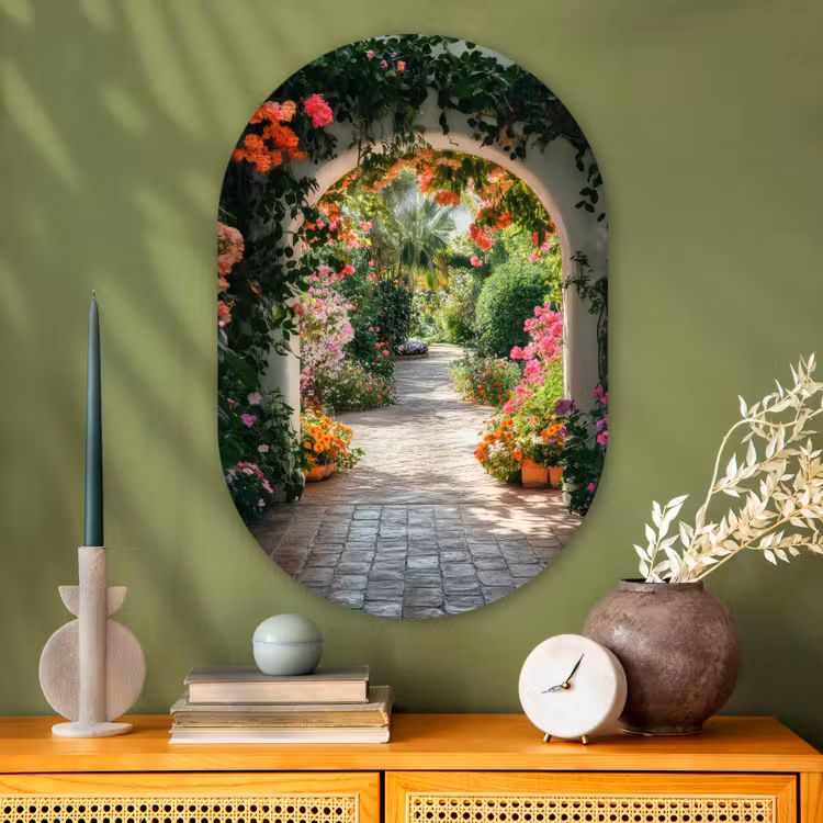 Doorkijk - Bloemen - Natuur - Bloementuin Wandcirkel Ovaal Glas middel -sfeer2